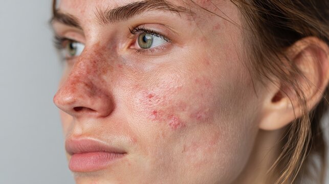 acne on woman face with rash skin, scar, and red skin syndrome allergic to cosmetics, use steroids, dermatology, inflammation, infection, hygiene