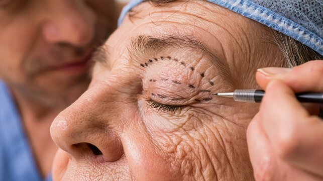 Preoperative upper eyelid blepharoplasty plastic surgery consultation. A surgeon draws incision markings on an elderly patient whose extremely heavy hooded eyelids.