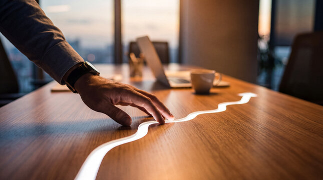 Dynamic close-up of a hand reaching over a glowing arrow on a wooden table.