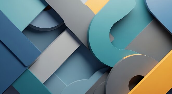 Abstract 3D Geometric Composition with Overlapping Shapes Curves and Rectangles in Teal Blue and Yellow Tones
