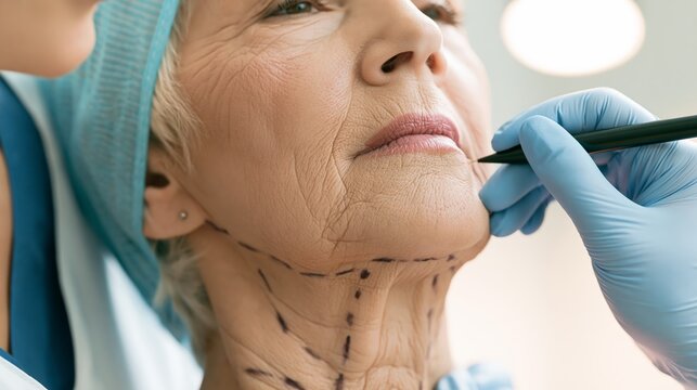 Preoperative neck lift platysmaplasty consultation for severe neck skin laxity and platysmal banding. A surgeon marks correction lines on an elderly patient's neck.
