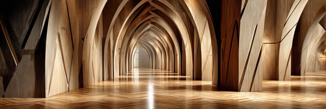 A long hotel corridor featuring arched geometric doorframes and a wooden herringbone floor with soft light from ceiling fixtures.