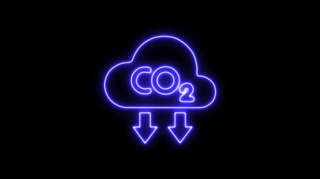 Neon line CO2 atmosphere build-up, climate change CO2 reduction needed concept. Alpha included CO2 Emission Reduction Cloud Icon with Arrows and Label