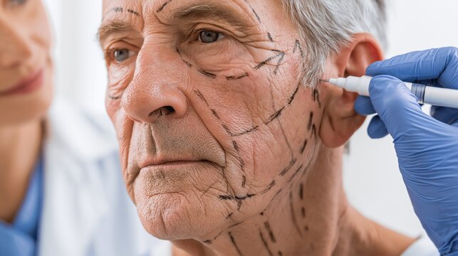 Preoperative facelift rhytidectomy surgical consultation for severe facial sagging. A surgeon draws incision and lifting vectors on an elderly patient with jowls and deep nasolabial folds.