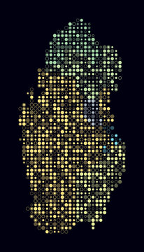 Qatar, shape of the country build of colored cells. Digital style map of the Qatar on dark background. Small size circle blocks. Stylish vector illustration.