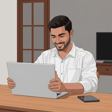 Smiling young Indian man with a beard wearing a white shirt sitting at a wooden desk using a laptop computer in a home office or living room setting with a smartphone and TV.