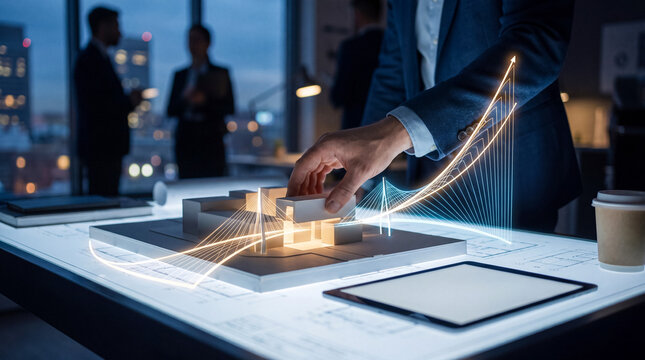 Professional architect planning smart city development with a 3D building model and digital growth.
