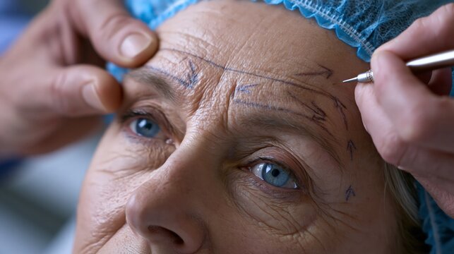 Preoperative brow lift surgery consultation for severe brow descent and forehead aging. A surgeon marks lifting vectors and incision lines on a patient with dramatically low heavy brows.