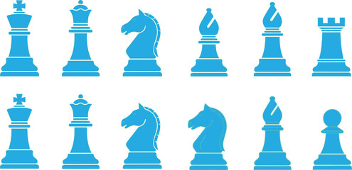 Chess pieces stand as a collection of blue icons representing the full set of strategic board game figures. © Md