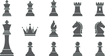 Chess pieces including kings, queens, rooks, bishops, knights, pawns, and a crown are arranged in a grid. © Md