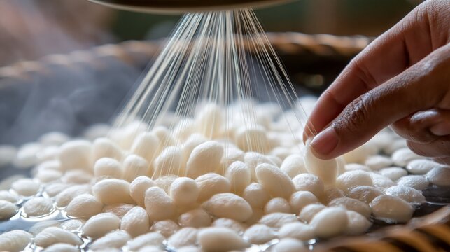 Silkworm cocoon silk thread reeling process for luxury silk fiber production. White silkworm cocoons float in hot steaming water with fine silk threads.