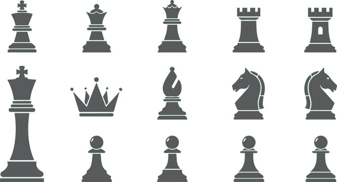 Chess pieces including kings, queens, rooks, bishops, knights, pawns, and a crown are arranged in a grid.