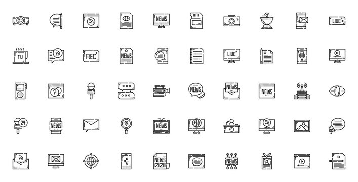 News icon set. Minimal vector pack. Includes projector, browser, camera, microphone, satellite dish, chat, document, video player, envelope, press, global network, reporter and more.