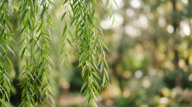 Lush Green Weeping Willow Tree Branches Swaying Gently in Soft Sunlight.