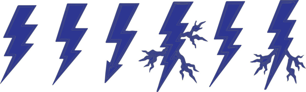 Lightning bolts in blue illustrate various electrical discharge patterns for weather or energy conceptual designs.