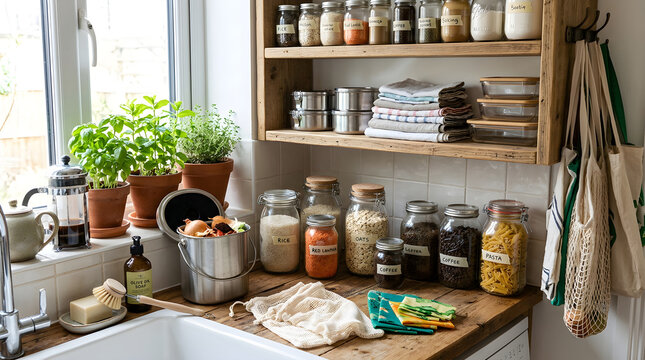 Cozy Kitchen Interior with Herbs, Spices, and Pantry Staples.
