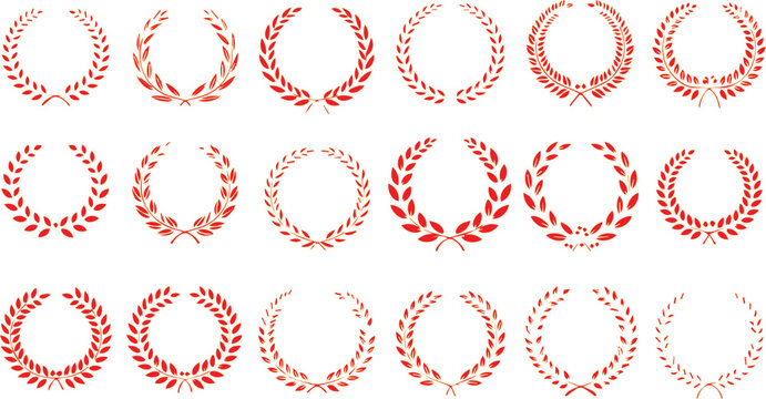 Laurel wreaths in red vector style provide a collection of circular decorative elements for awards and certificates.