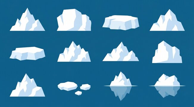 Set of minimalist iceberg illustrations, flat vector style, collection of white icebergs with soft blue shadows, isolated on solid blue background, simple geometric shapes, clean cartoon aesthetic