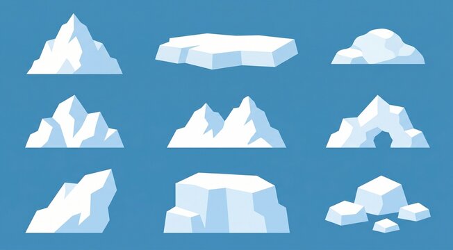 Set of minimalist iceberg illustrations, flat vector style, collection of white icebergs with soft blue shadows, isolated on solid blue background, simple geometric shapes