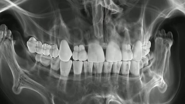 Detailed Medical CGI Visualization Of Panoramic Dental X-ray Highlighting Human Teeth and Jaw Structure Against Dark Background