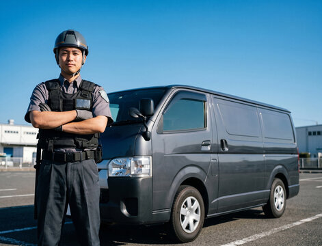 現金輸送車の前に立つ重装備の警備員の男性