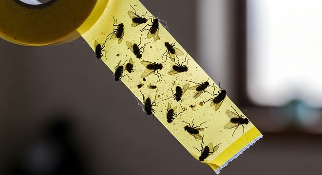 Close-up of a sticky fly trap covered in dead flies.