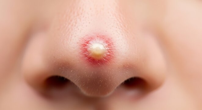 Close-up of a Pimple on a Human Nose with Redness and Inflammation.