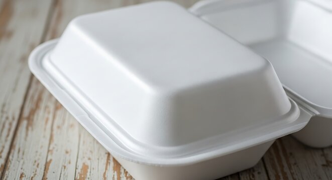 Close-up of a white disposable styrofoam food container on a wooden surface.