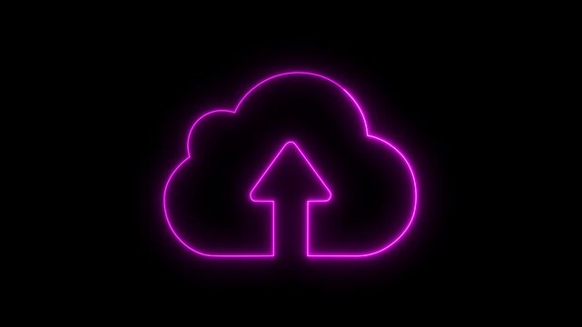 Glowing neon cloud storage with arrows, looped animation. Cloud space and technology, data backup icon. Cloud computing glowing neon Downloading icon animation on black background