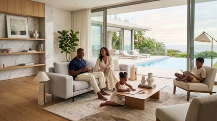 Fototapeta premium Happy African American Family Relaxing in a Luxurious Modern Living Room with a Swimming Pool and Ocean View