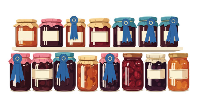 Rows of homemade jam and preserve jars with prize ribbons on a shelf