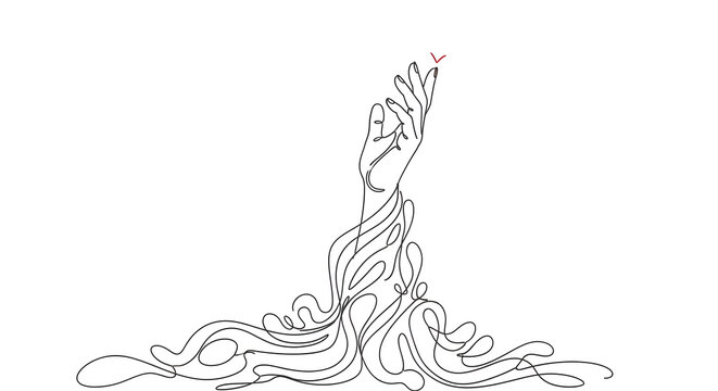 A minimalist one-line drawing featuring a hand reaching upward, emerging from a tangled web of swirling lines. This symbolic illustration represents the struggle of overcoming depression, anxiety