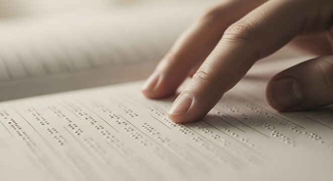A poignant close-up showing a person's fingers gently gliding over a page of Braille text. 