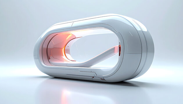 Abstract futuristic capsule shape with glowing orange interior, smooth metallic curves and subtle dotted texture, representing technology or innovation on a light grey studio background