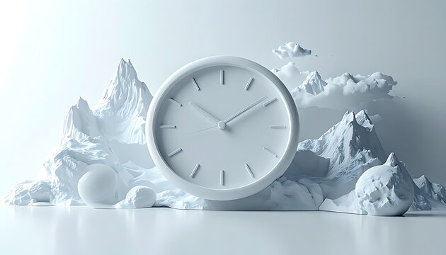 Abstract white clock face set against a backdrop of pixelated snowdrifts and clouds, symbolizing time and winter season, minimalist design