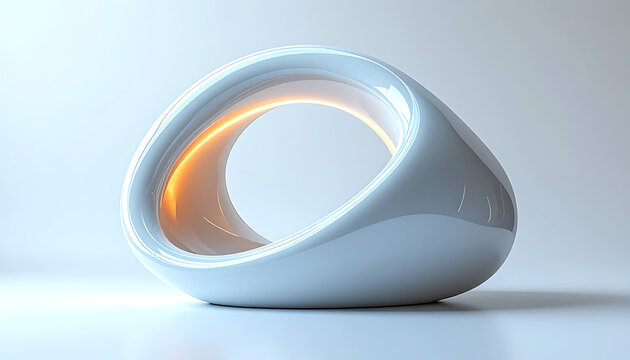 Abstract futuristic glowing torus shape, smooth white exterior, illuminated orange interior, minimalist modern design, sleek technology concept