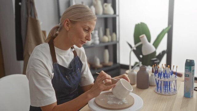 Woman painting a ceramic mug in studio, hands steady holding brush while adding glaze detail to rim; focused craftsmanship.