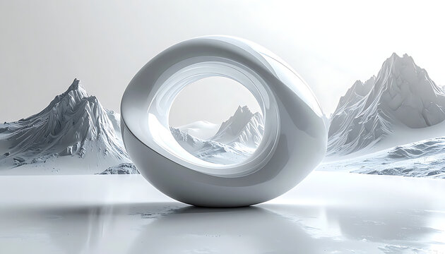 Abstract white torus sculpture in snowy mountain landscape with icy water reflection, abstract art, futuristic architecture concept