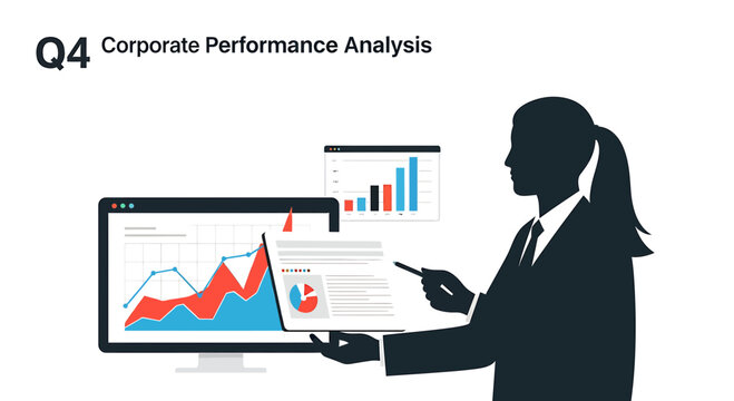 Business Woman Analyzing Data Charts and Corporate Performance