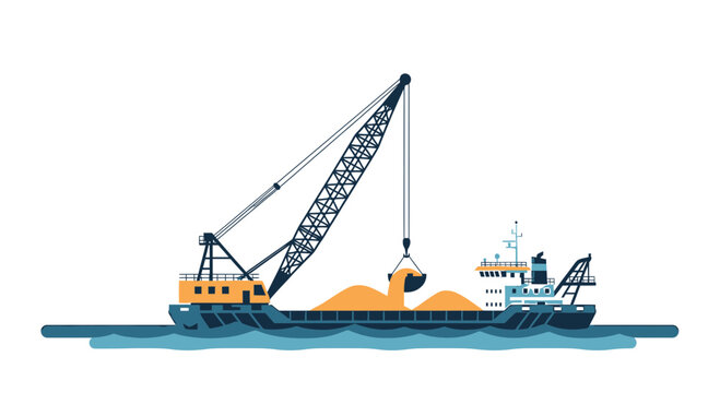 Cargo vessel with heavy crane loading bulk material on water