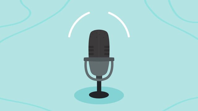 Minimalist professional studio microphone animation on abstract light blue background with sound wave symbols.