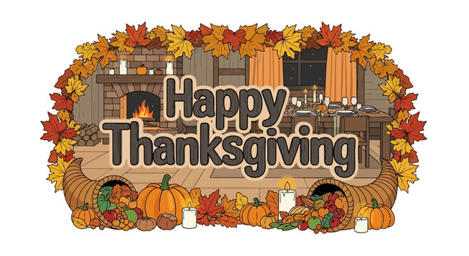 Cozy Thanksgiving dinner scene with fireplace and harvest cornucopia