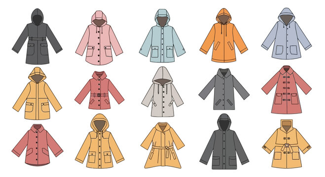 Set of hooded raincoats and parkas in various colors and styles