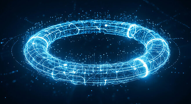 Glowing blue digital torus circuit board abstract background