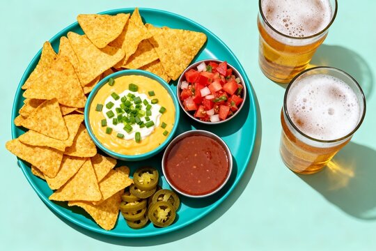 Tortilla chips queso salsa peppers sliced beer