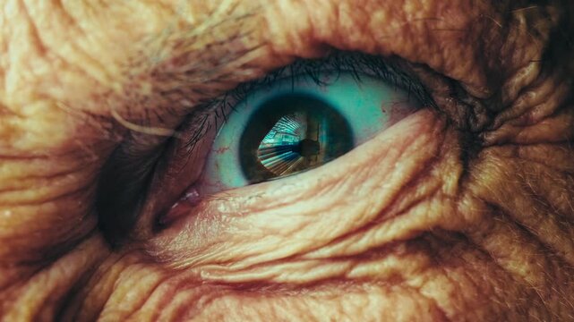 Macro close up of an older person's eye with fast, jerky, unsettling movements, creating a demonic and evil stare. Intense horror concept of a scary creature or monstrous presence looking at you. 4k.