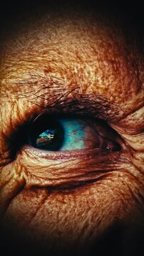 High-quality vertical macro footage of an older person's eye with a fast, demonic stare. Concept of a lurking threat, digital voyeurism, online predator, or dangerous presence, 4k.