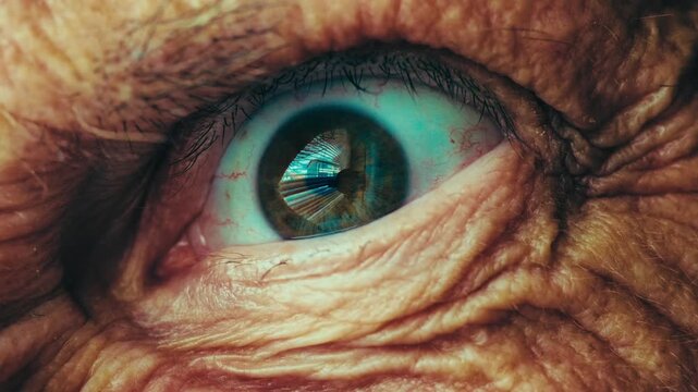 Macro close up of an older person's eye with fast, jerky, unsettling movements, creating a demonic and evil stare. Intense horror concept of a scary creature or monstrous presence looking at you. 4k.