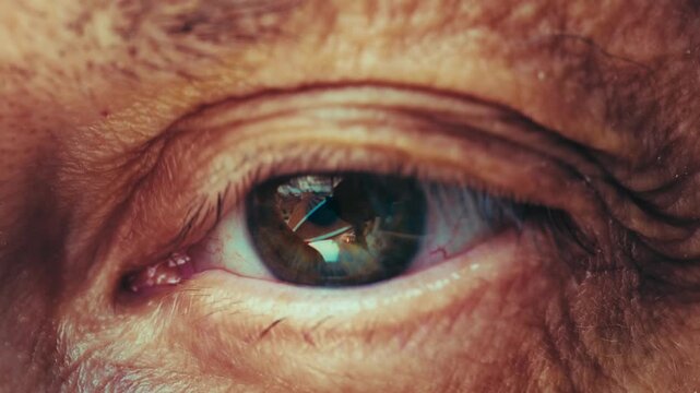 Macro close up of an older person's eye staring intently and slightly moving as if watching a screen or monitor. Slow motion concept of focus, aging, or concentration. 4k high quality footage.