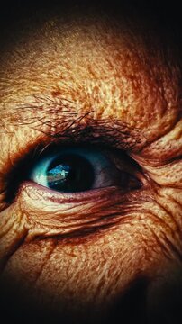 High-quality vertical macro footage of an older person's eye with a fast, demonic stare. Concept of a lurking threat, digital voyeurism, online predator, or dangerous presence, 4k.